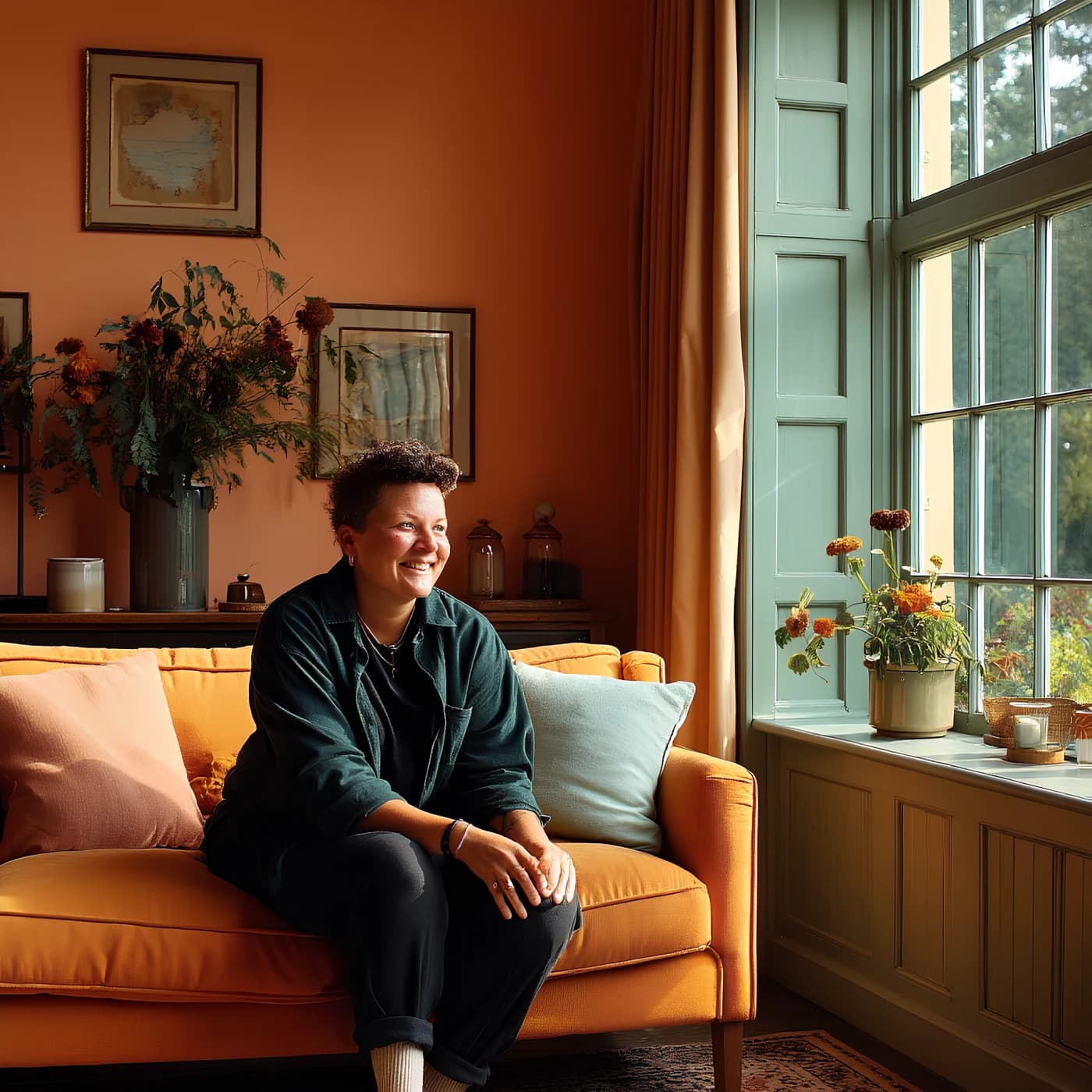 Erica seated by a window in a warm, colorful room
